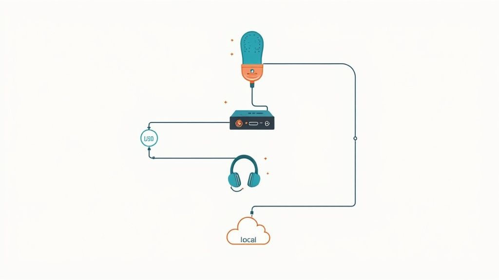 A diagram illustrates a podcast recording setup with a microphone, audio interface, headphones, and local storage.