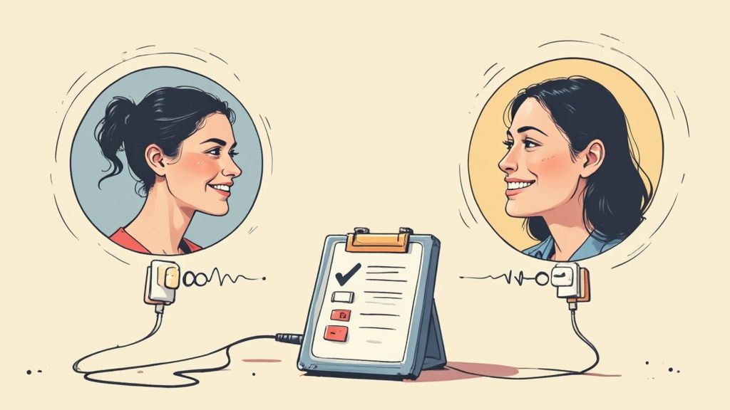 Two women in circular frames linked to a checklist, illustrating remote podcast recording setup.