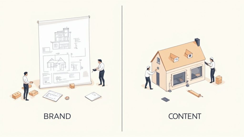 Illustration depicting brand as house blueprints and content as the actual construction process.