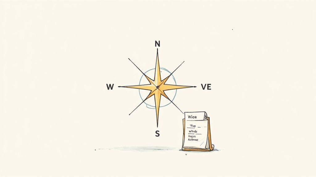 A compass rose points north, west, 'VE', and south, next to a clipboard titled 'Vice' with a list.