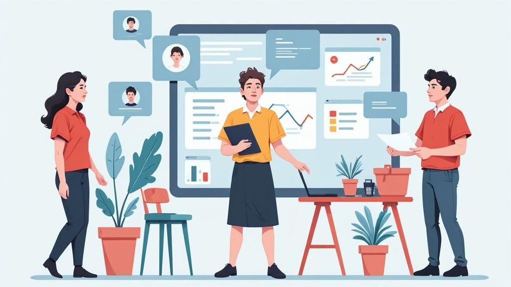 A person typing on a laptop with code and graphs on the screen, representing a technical decision-maker interacting with blog content.