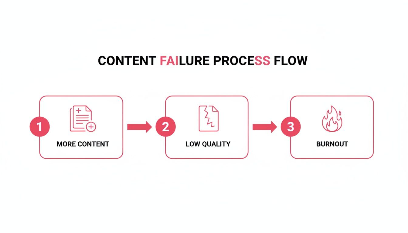 Flowchart illustrating the content failure process: More Content -> Low Quality -> Burnout.