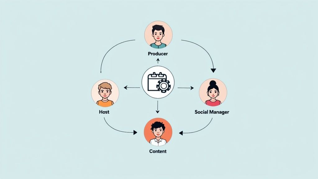 Diagram illustrating a content marketing workflow with Producer, Social Manager, Content, and Host roles.