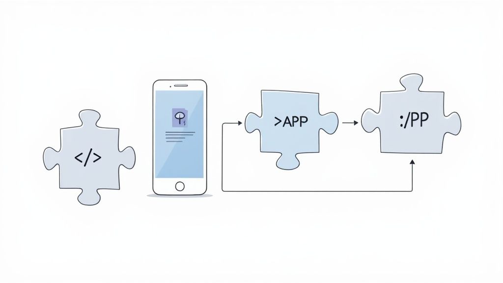 Diagram illustrating the workflow of app development from code to mobile application and backend processing.