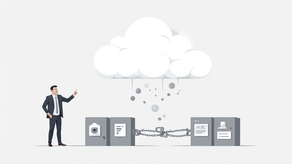 Businessman pointing at a cloud with data flowing, connected to servers by a chain.