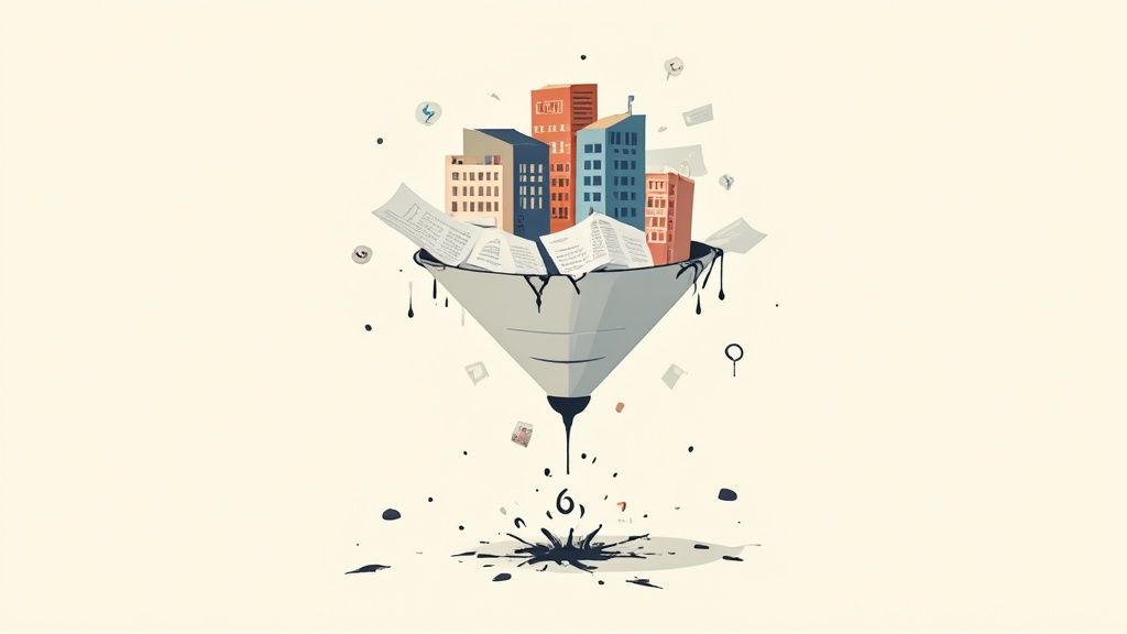 A creative illustration of buildings and papers being funneled, symbolizing content strategy and data filtering.