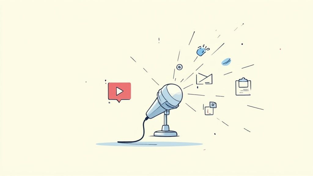 A cartoon microphone with digital icons like a play button, email, and clipboard radiating from it.