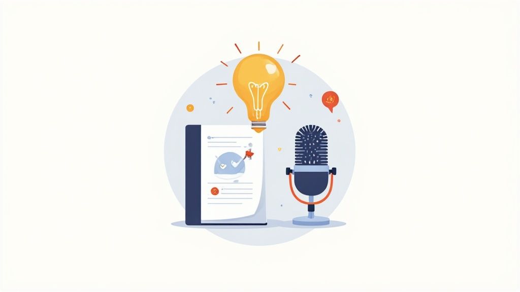 An illustration showing a glowing lightbulb, a document, and a microphone for podcasting ideas.