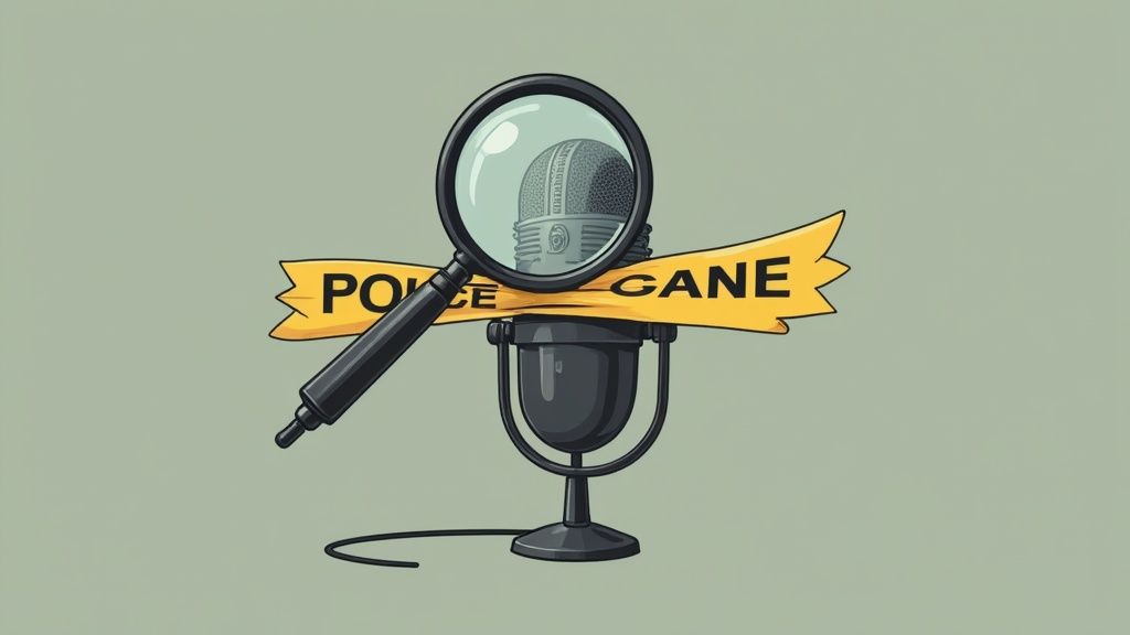 Cartoon illustration of a magnifying glass on a microphone, wrapped in yellow tape marked 'POLICE GANE'.
