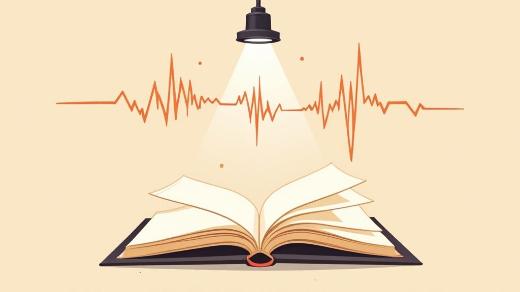 An open book illuminated by a spotlight, with an orange sound wave pulsating above, symbolizing audio content.