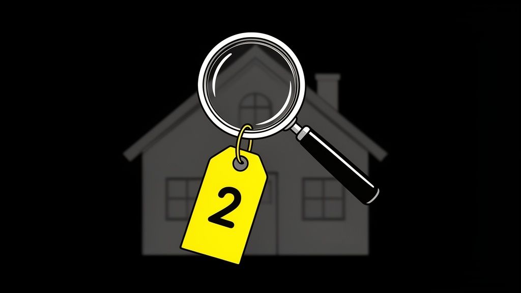 An illustration of a magnifying glass hovering over a yellow tag with the number 2, placed in front of a grey house outline against a black background.
