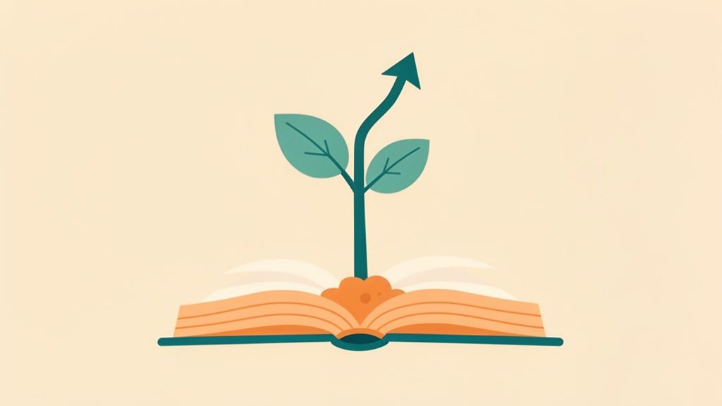 Illustration of a plant with an upward arrow growing from an open book, representing knowledge and progress.