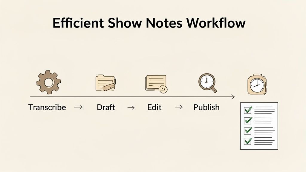 A diagram illustrates an efficient podcast show notes workflow with steps: Transcribe, Draft, Edit, Publish.