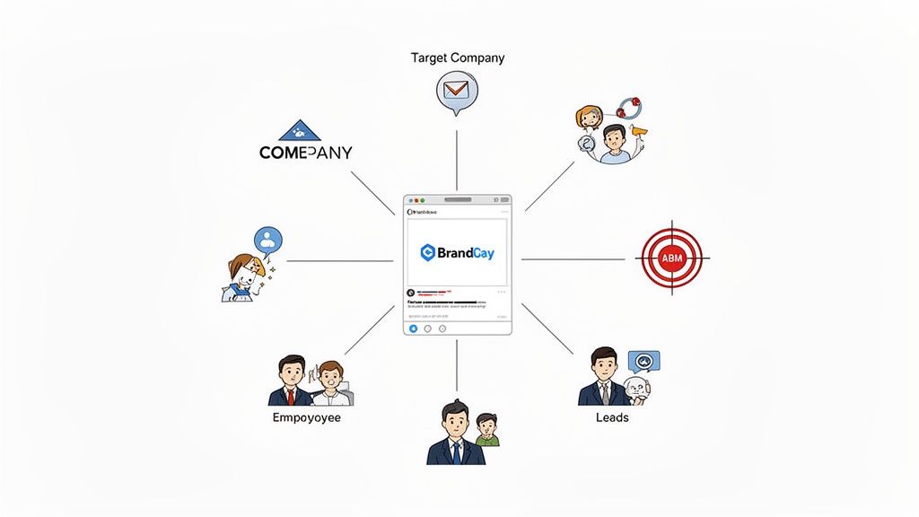 BrandCay platform centralizes connections between a company, target customers, employees, leads, and ABM efforts.