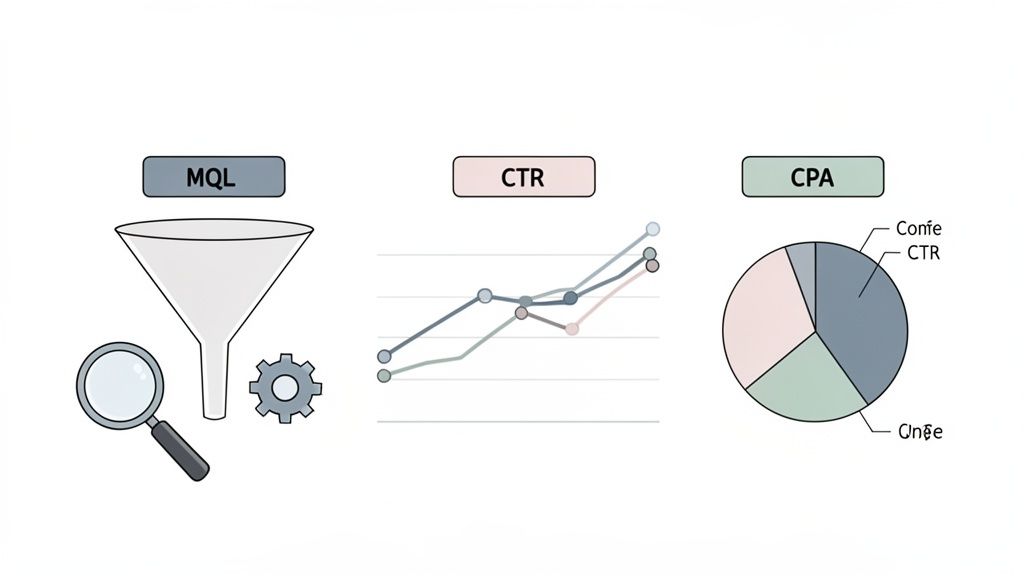 Visualizing marketing metrics: a funnel for MQL, a line graph for CTR, and a pie chart for CPA.