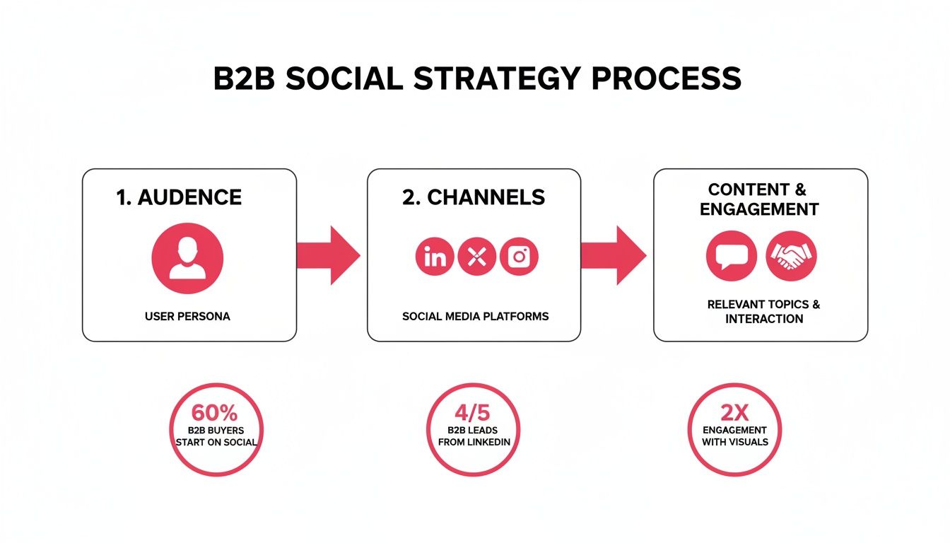 A B2B social strategy process flowchart outlines audience targeting, platform channels, and content engagement.