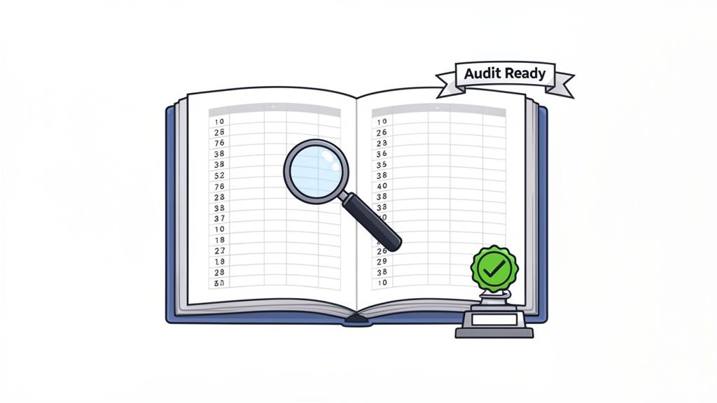 An open ledger book with a magnifying glass, an 'Audit Ready' banner, and a checkmark trophy.