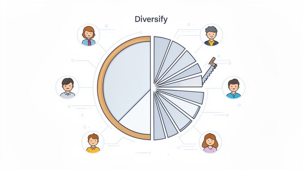 Illustration titled 'Diversify' showing a pie chart, half diversified into small slices, surrounded by diverse people.