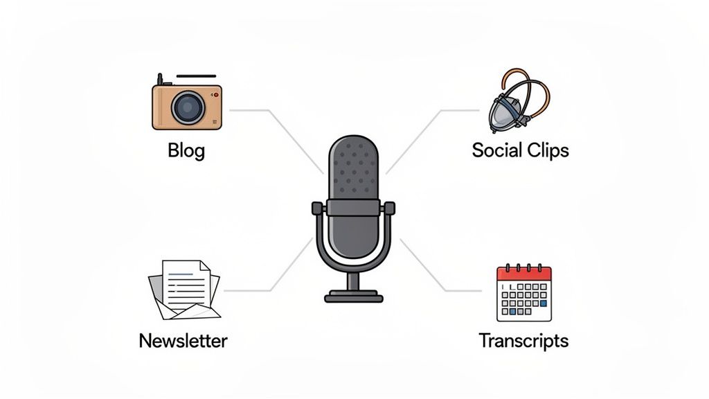 Microphone icon showing content repurposing into blog, social clips, newsletter, and transcripts.