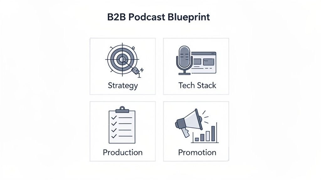 A B2B Podcast Blueprint outlining four essential steps: Strategy, Tech Stack, Production, and Promotion.