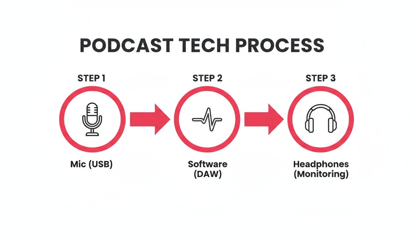 A diagram illustrating the three essential steps of the podcast tech process: mic, software, and headphones.