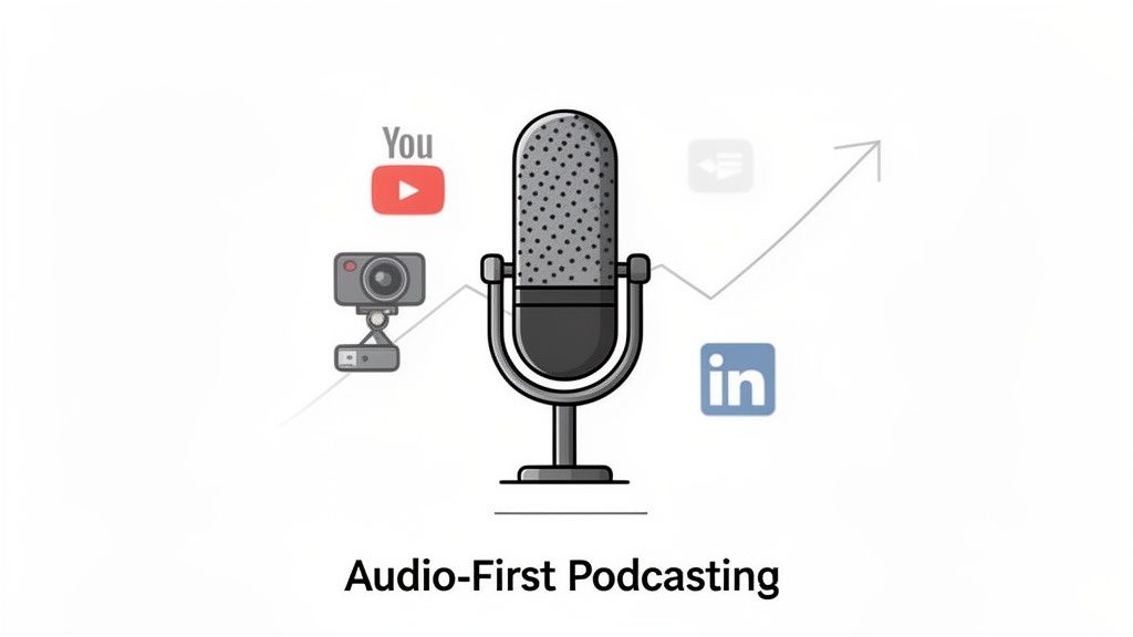 Illustration of audio-first podcasting, featuring a microphone, camera, YouTube, and LinkedIn, with an upward trend.