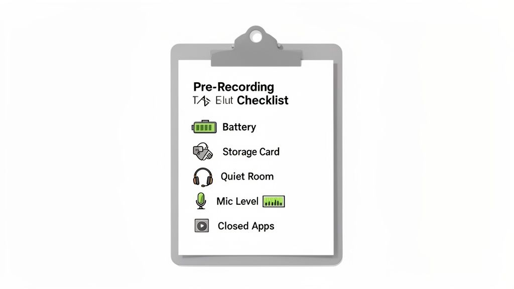 A pre-recording checklist on a clipboard with items like battery, storage card, quiet room, mic level, and closed apps.