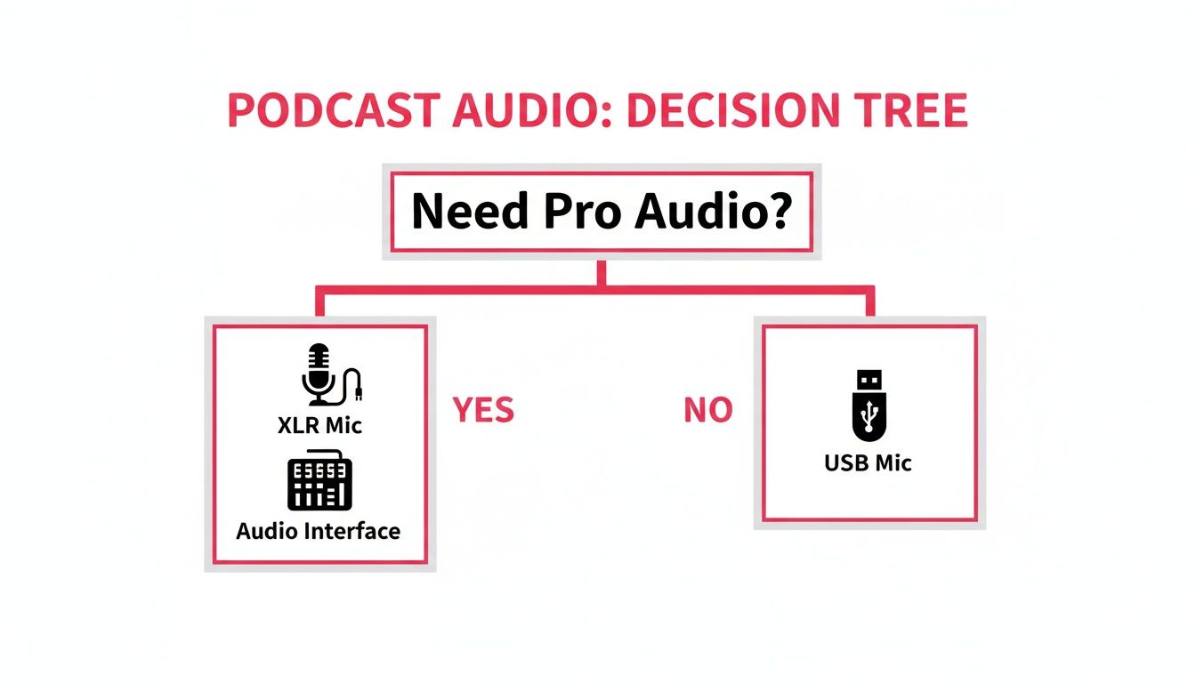 Podcast audio decision tree showing equipment choices: XLR Mic with Audio Interface for pro audio, USB Mic otherwise.