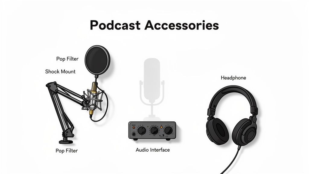 An illustration of essential podcast accessories, including a microphone setup, audio interface, and headphones.