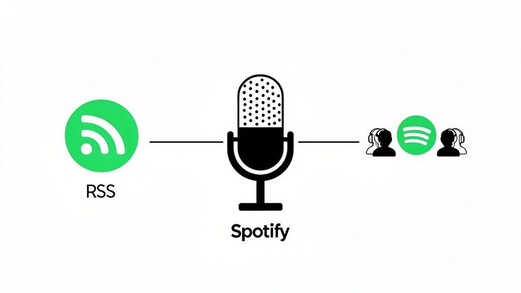 Diagram showing podcast distribution from RSS feeds through Spotify to listeners with headphones.