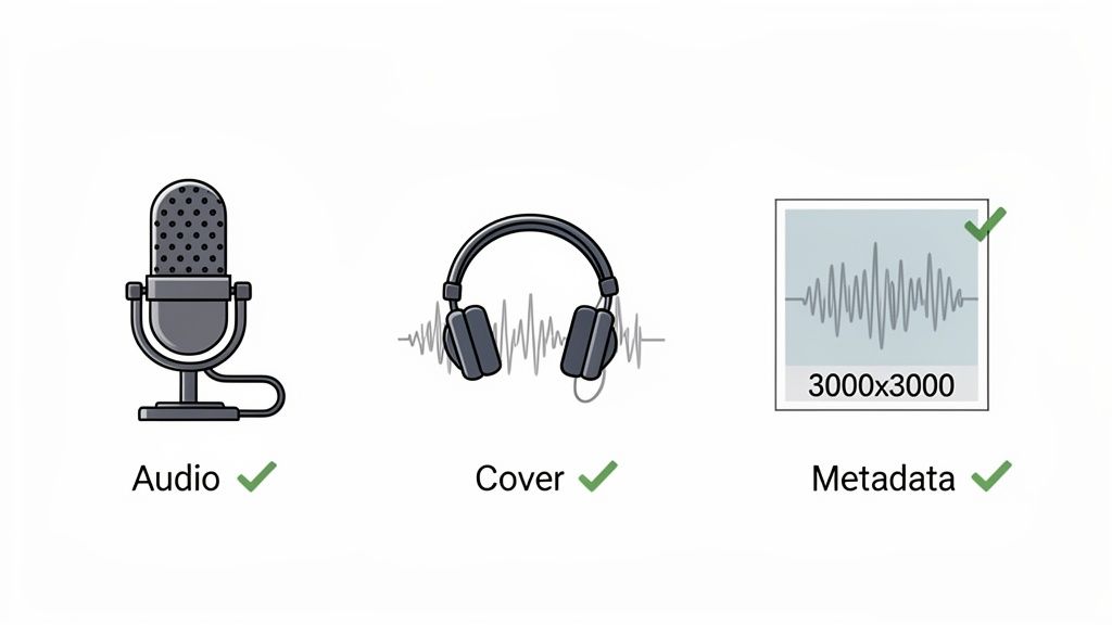 Icons of microphone for audio, headphones for cover, and metadata with 3000x3000 image dimensions, all checked.