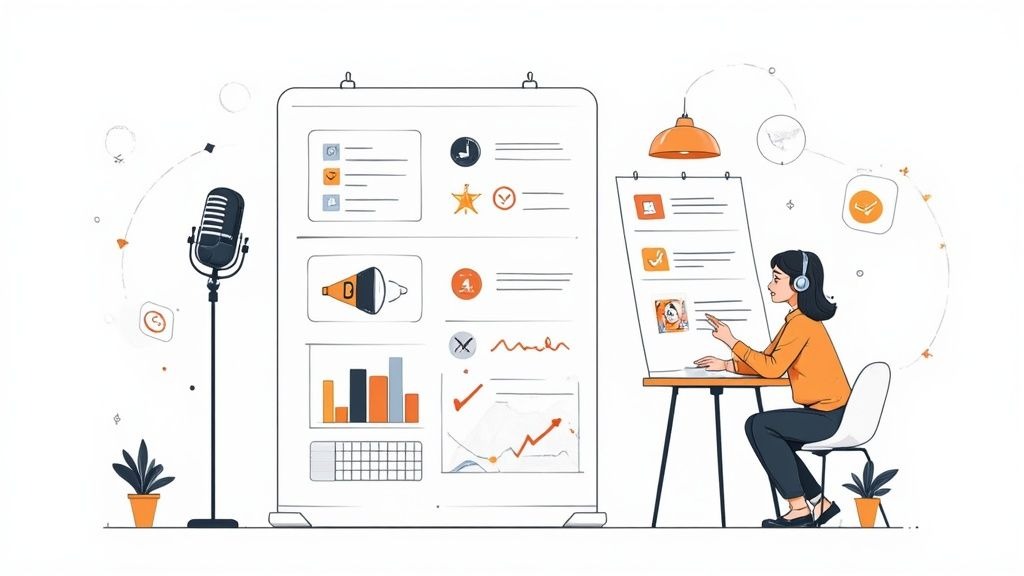 A podcast host speaking into a professional microphone in a recording studio.