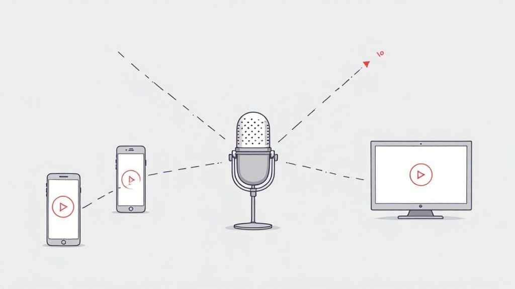 Woman listening to a podcast on her phone while walking in a city