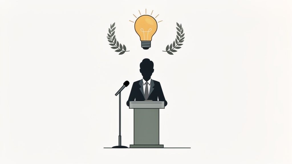 An illustration of a speaker at a podium with a lightbulb and laurel wreaths symbolizing ideas and achievement.
