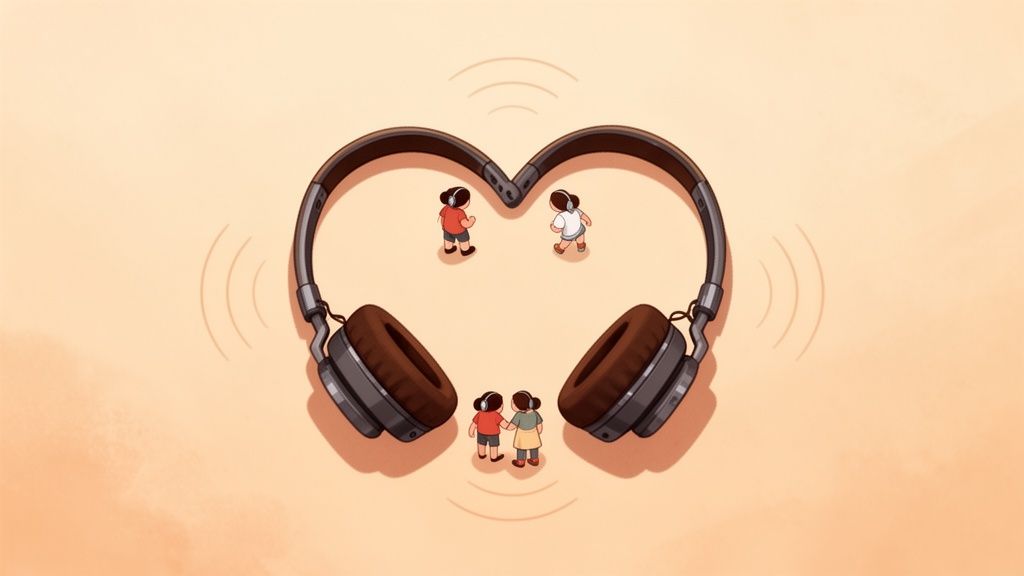 Heart-shaped headphones with four tiny cartoon people inside, all wearing headphones and enjoying music.