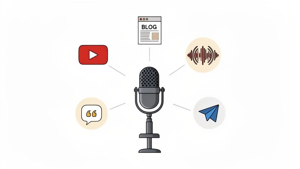 An illustration of a microphone connected to icons for video, blog, audio, quotes, and sharing, representing content distribution.