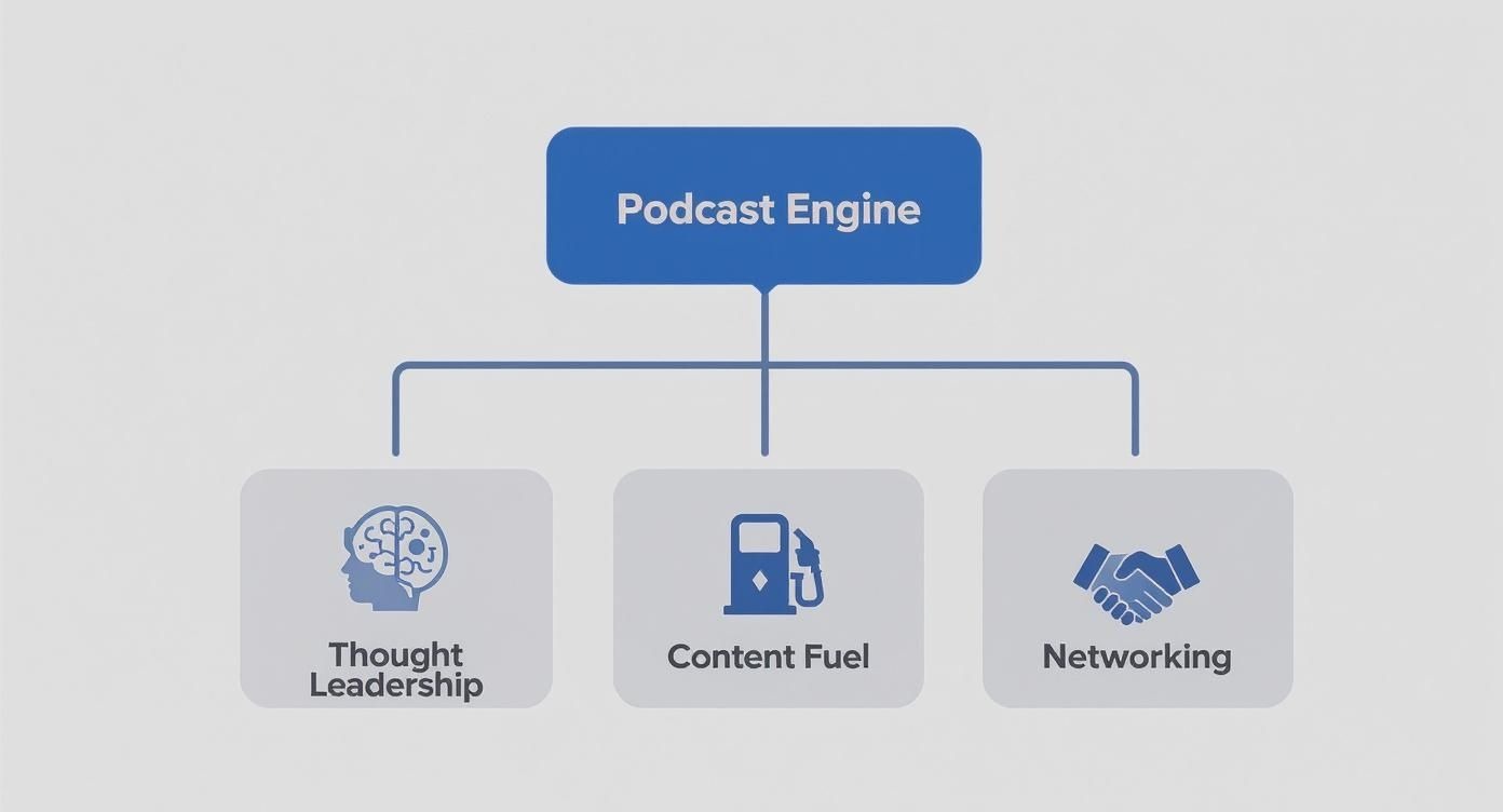 Infographic showing a podcast as a central engine fueling thought leadership, content, and networking.