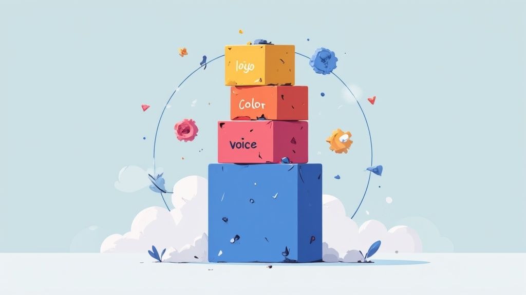 A person pointing at brand elements on a whiteboard, including logo, color, and typography.