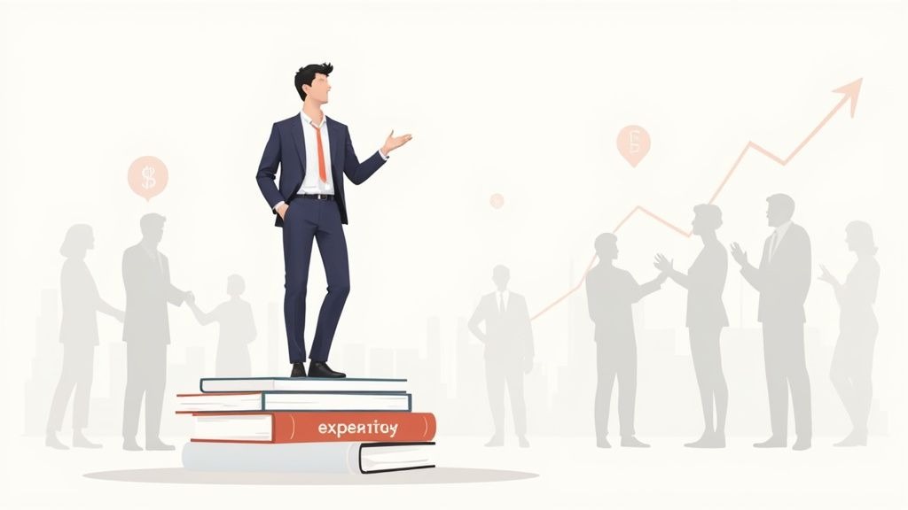 A consultant confidently presenting in a modern office, symbolizing a strong personal brand.