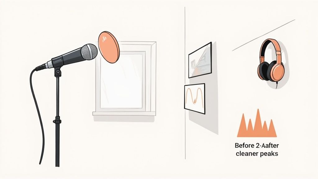 A professional podcast microphone on a boom arm with a pop filter.