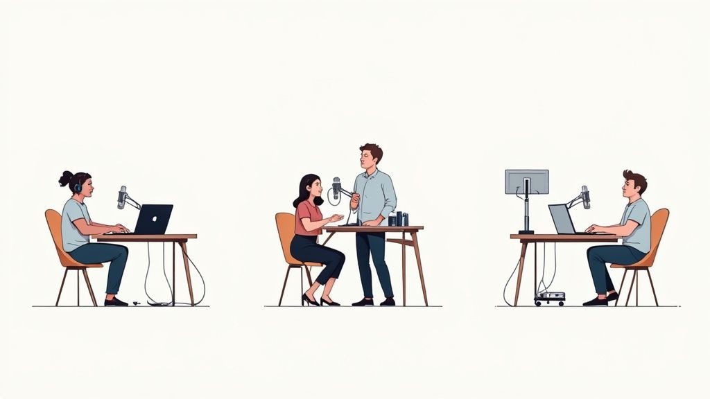 Two people recording a podcast remotely on their laptops