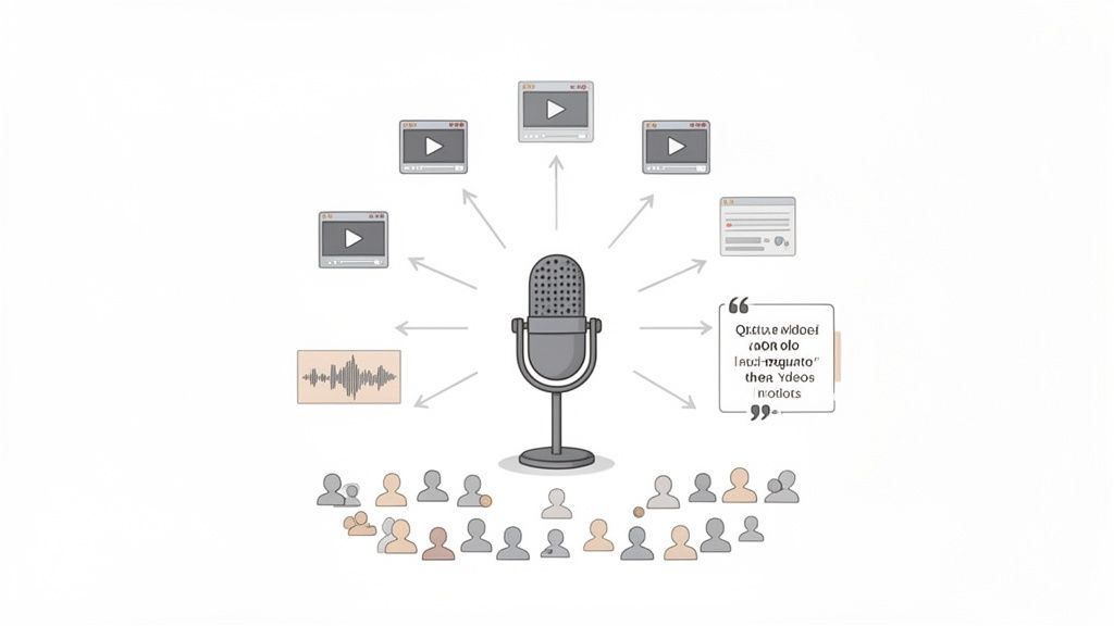 Microphone broadcasting content to an audience, generating videos, audio, and text documents.