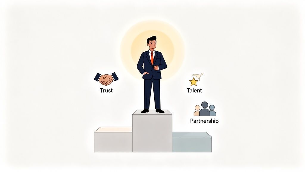 An illustrated man in a suit stands on a podium, surrounded by icons representing trust, talent, and partnership, highlighting personal branding.