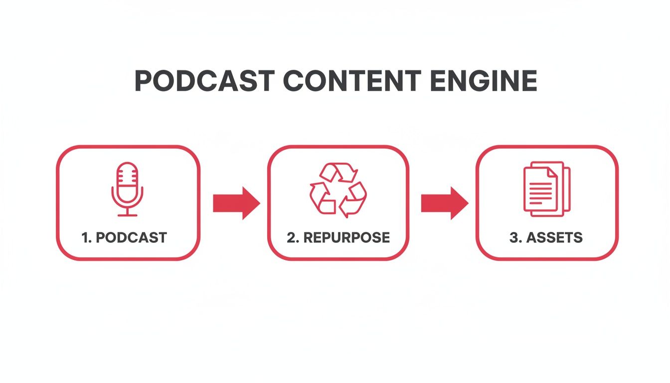 Diagram showing the Podcast Content Engine workflow: podcast creation, repurposing content, and generating assets.