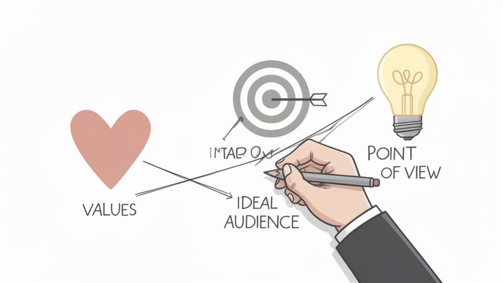 A hand draws connections between a heart (values), a target, a lightbulb (point of view), and ideal audience.