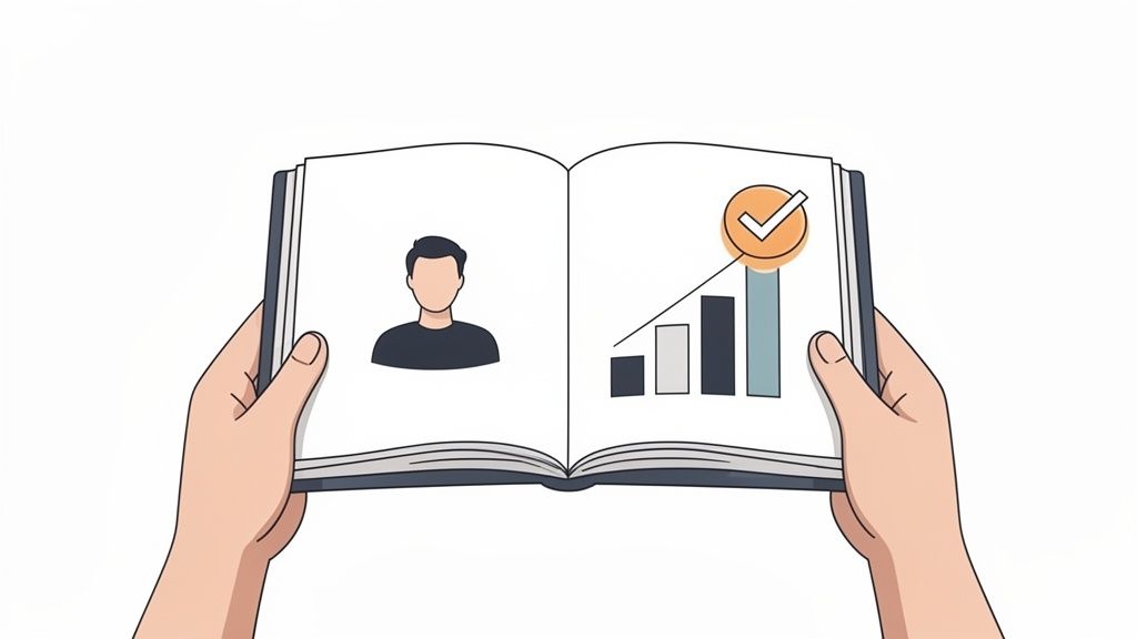 Hands holding an open book displaying a person icon on one page and a bar chart with an upward trend and a checkmark on the other, symbolizing growth or success.