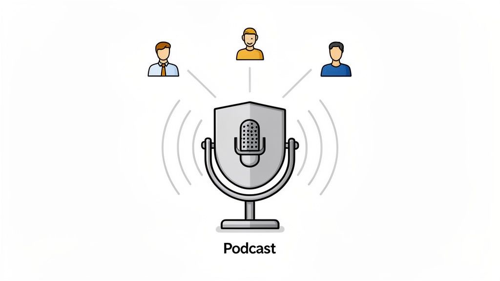 An illustration of a podcast microphone emitting sound waves, with three diverse user icons connected.