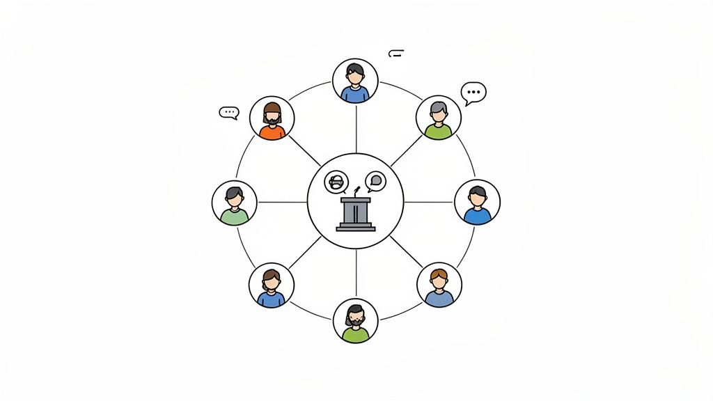 A network diagram illustrating people connected to a central podium, symbolizing communication, discussion, or a meeting.