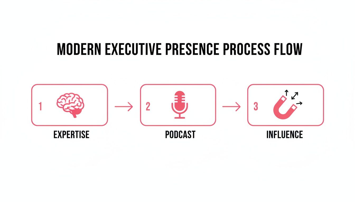 A three-step process flow diagram for modern executive presence, including expertise, podcast, and influence.