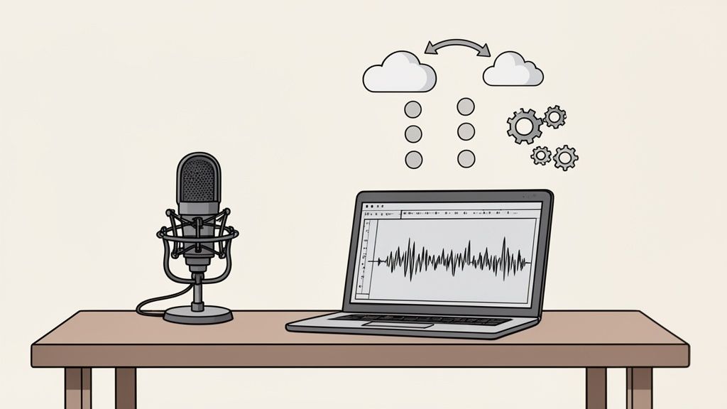 Microphone and laptop on a table, illustrating digital audio recording and cloud processing.